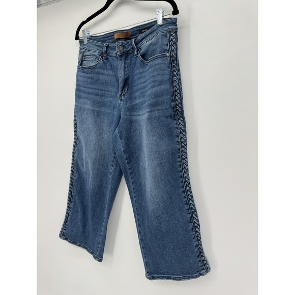 JUDY BLUE High Waist Side Braid Detail Crop Wide Leg Jeans 14W Western Boho - Picture 3 of 9